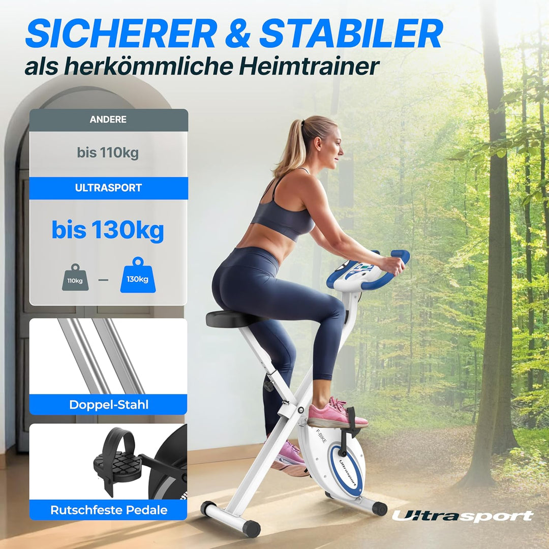 Ultrasport F-Bike, Fahrradtrainer, Heimtrainer, klappbarer Hometrainer, LCD Display, opt. Handpulsse