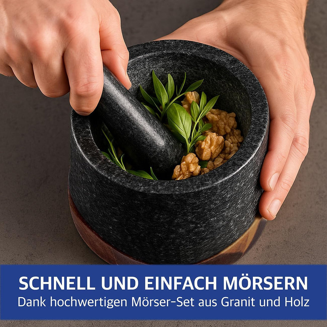 Rosenstein & Söhne Mörser Küche: Set mit Mörser und Stössel aus Granit und Holz, 14 cm (Gewürz-Zerkl