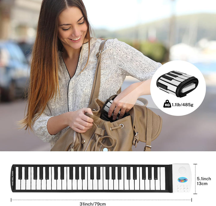 POGOLAB 49 Tasten Rollpiano, Digitales Piano Keyboard mit 47 Tönen, 14 Demo, 128 Reimen, Mikrofon-Ko