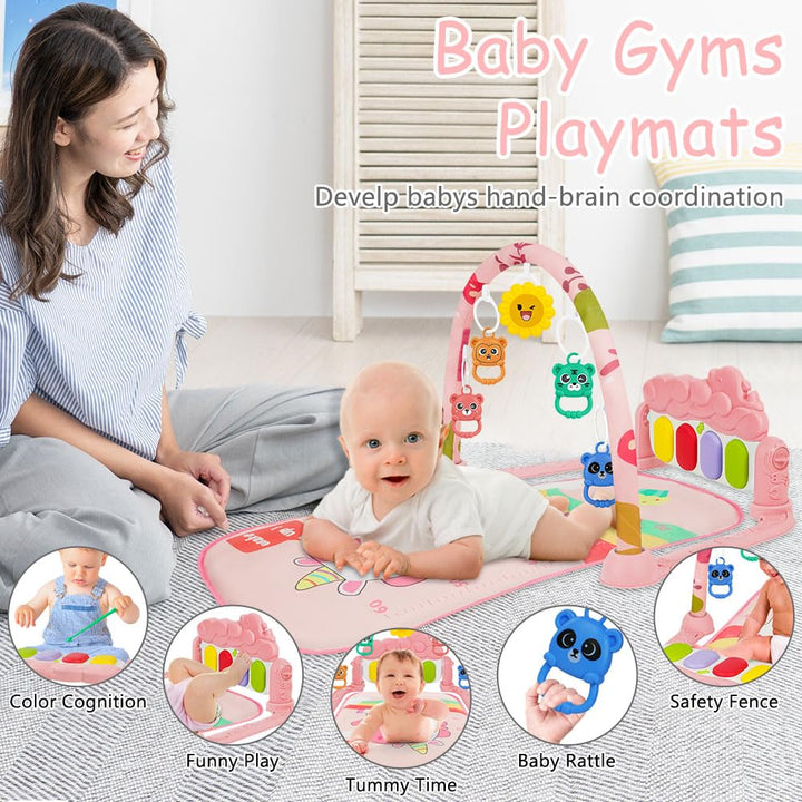 AOMIG Piano-Gym Spieldecke, Krabbeldecke mit Musik und Lichtern, Spielmatte mit Spielbogen abnehmbar