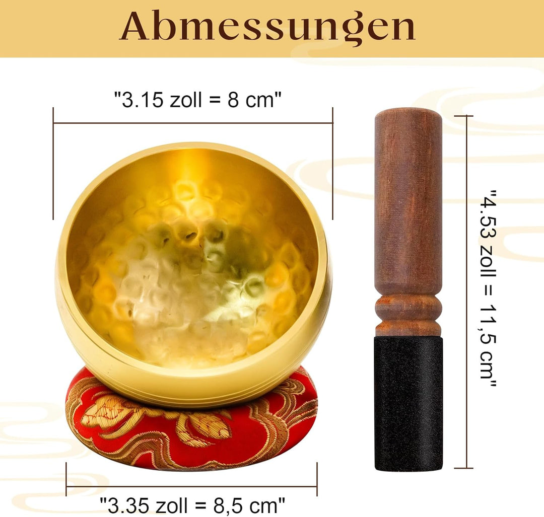 Tibetische Klangschalen-Set, Handgefertigte Schale mit Holzschlägel und Kissen, 8 cm Klangschale für