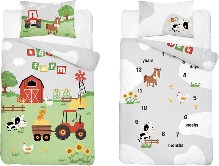 Babybettwäsche Set Bauernhof, 100 x 135 cm Bettbezug, 40 x 60 cm Kissenbezug, 100% Baumwolle, Mehrfa