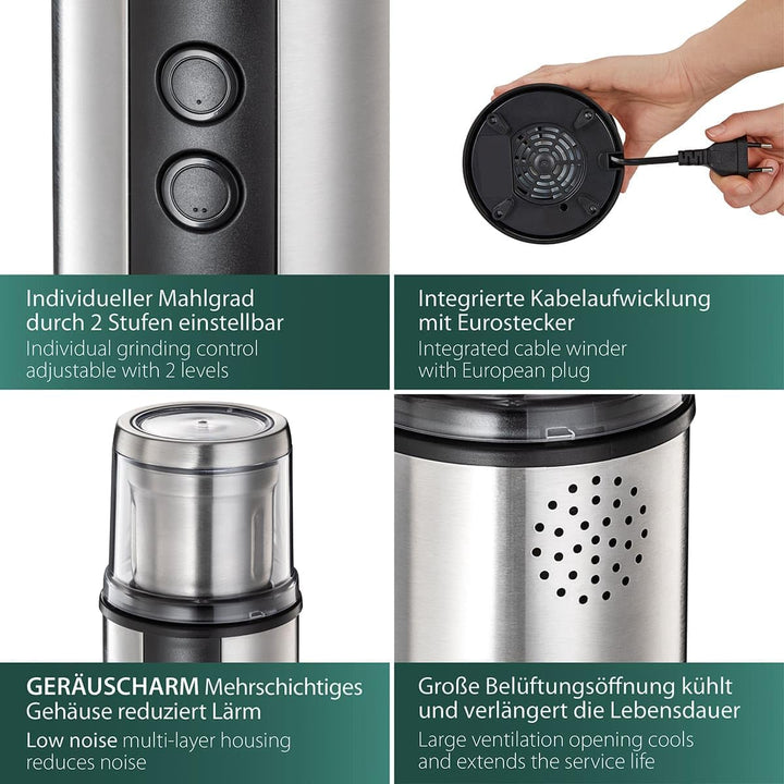 Cloer 7419 Elektrische Kaffee- und Gewürzmühle mit Edelstahl-Schlagmesser, 350W, 2 abnehmbare Edelst