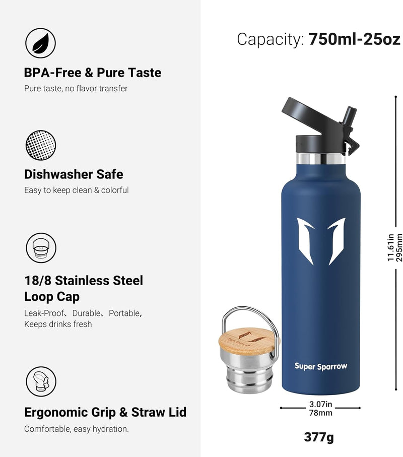 Super Sparrow Trinkflasche Edelstahl - 350ml, 500ml, 620ml, 750ml, 1L - Auslaufsicher Thermoskanne,