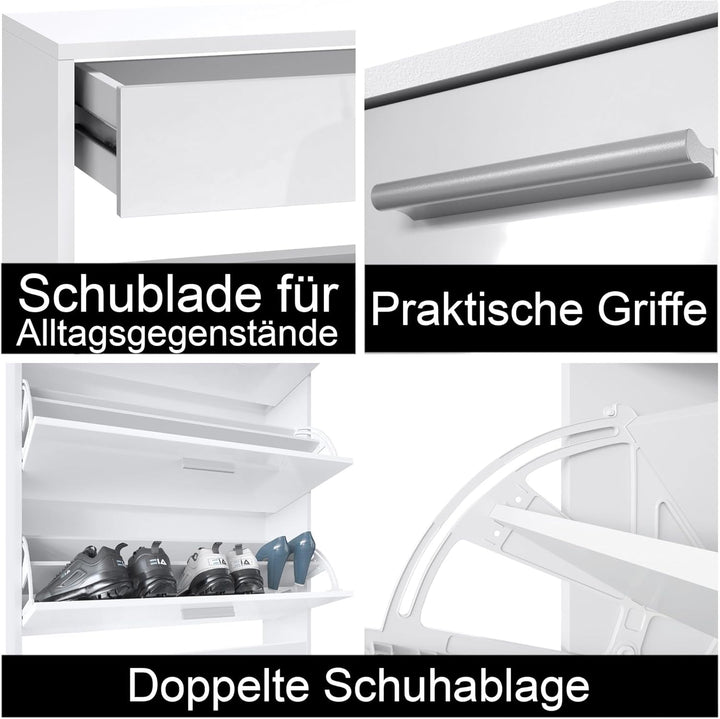 Schuhschrank Roma Schmal mit 2 Klappen und 1 Schublade, Platzsparender Schuhkipper Flurschrank für D