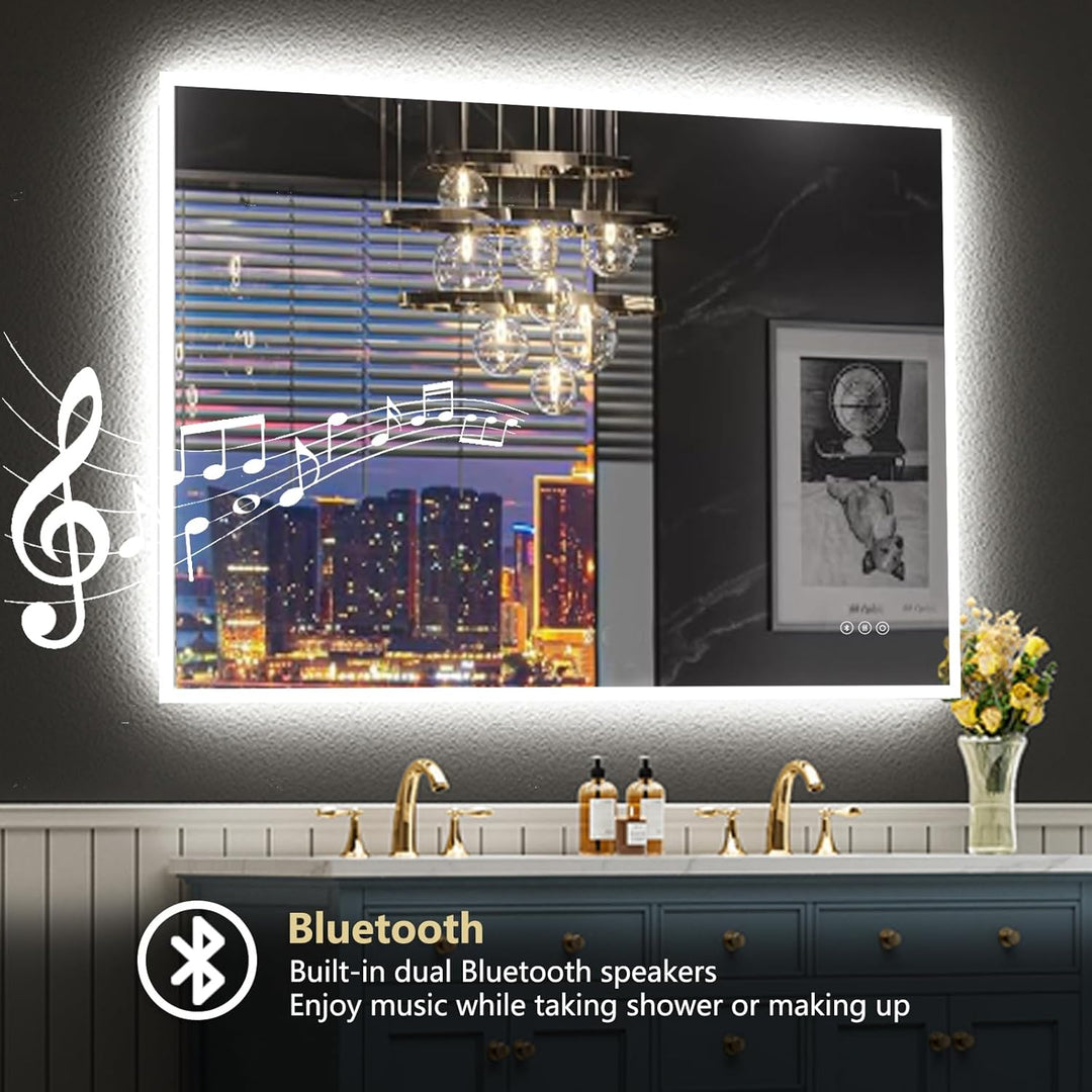 100x70cm LED Spiegel Bad Mit Bluetooth, Badezimmerspiegel Mit Licht, Badspiegel Badezimmer mit Defog
