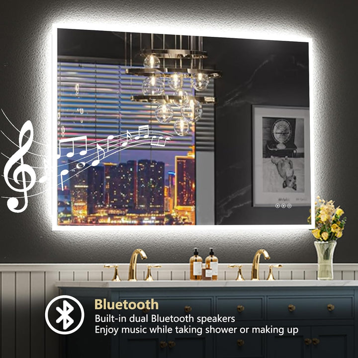 100x70cm LED Spiegel Bad Mit Bluetooth, Badezimmerspiegel Mit Licht, Badspiegel Badezimmer mit Defog