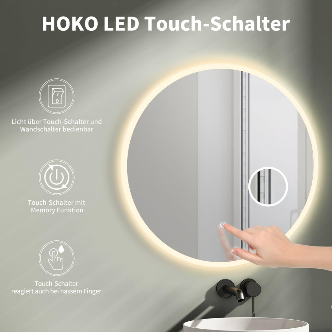 HOKO® Runder LED Badspiegel 80cm Hamburg. Designspiegel mit KOSMETIKSPIEGEL 3-Fach, Bad Spiegel LED