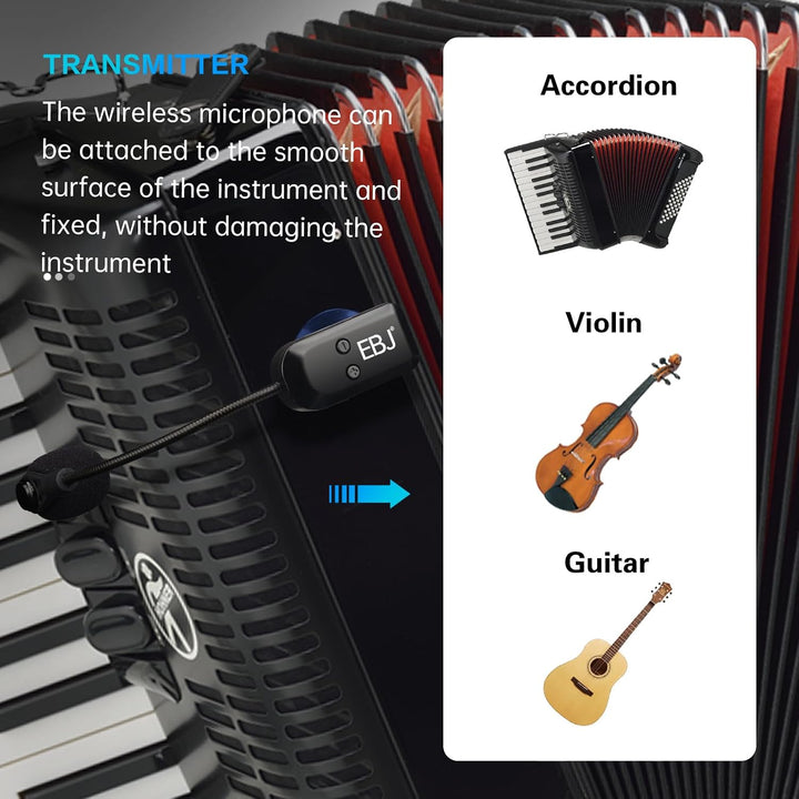 EBJ 2,4 G Instrumenten-Mikrofonempfänger mit abnehmbarem Saugnapf für Gitarre, Violine, Cello, Akkor