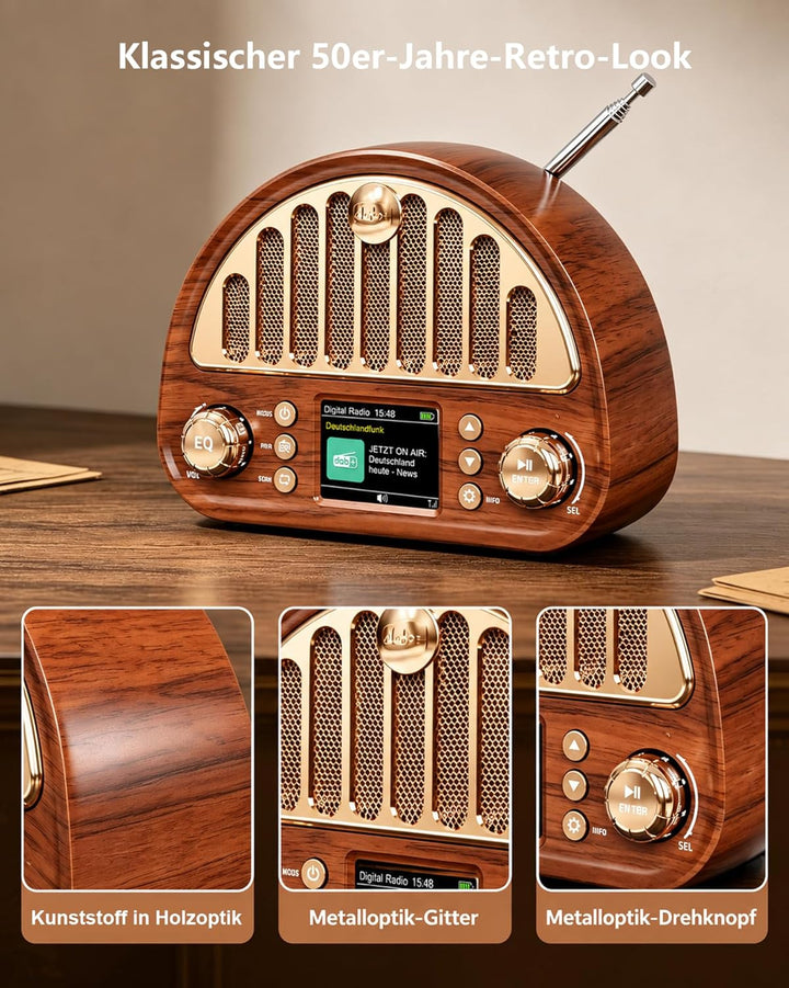 DAB+/UKW Radio mit Bluetooth5.0, TF-Karte & AUX-Eingang, 3000mAh USB-C, Farbdisplay, Auto-Sendersuch