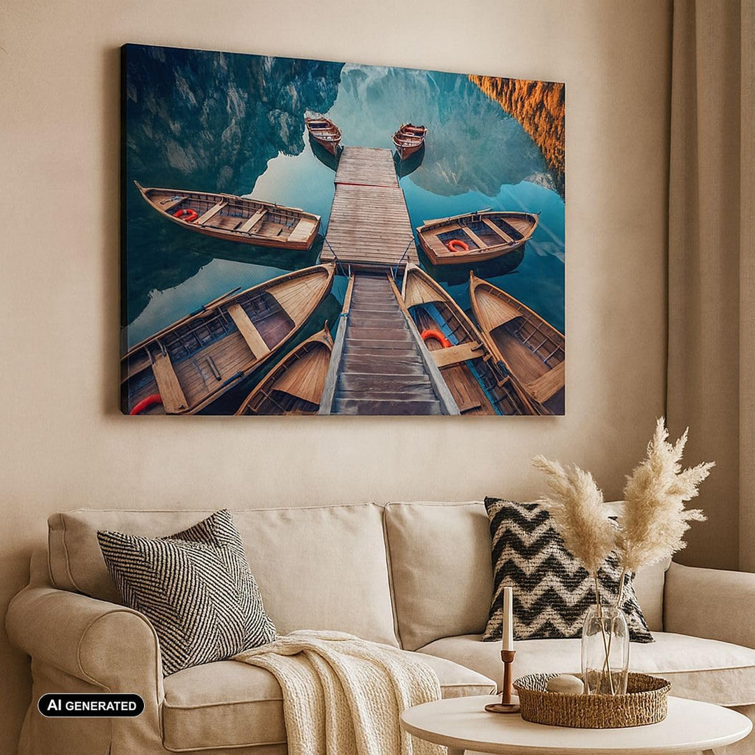 Bilder auf Leinwand 100x70cm Leinwandbild mit Rahmen Berge Boot Wasser Gross Wanddeko Bild Schlafzim