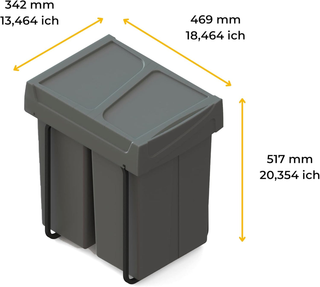 Emuca - Recycling-Behälter für die Küche, Bodenbefestigung und Handauszug, 2x25l, Kunststoff anthraz