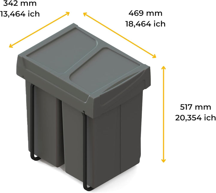 Emuca - Recycling-Behälter für die Küche, Bodenbefestigung und Handauszug, 2x25l, Kunststoff anthraz