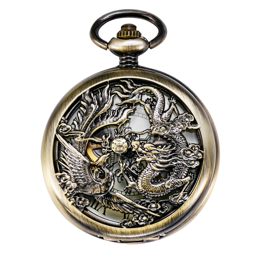 TREEWETO Unisex Taschenuhr mit Kette Analog Handaufzug Antik Drache Phönix Skelett Bronze
