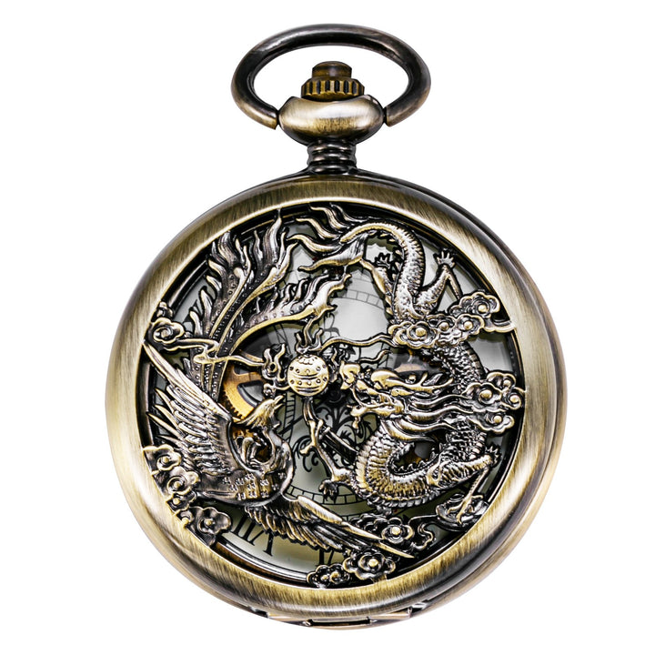 TREEWETO Unisex Taschenuhr mit Kette Analog Handaufzug Antik Drache Phönix Skelett Bronze