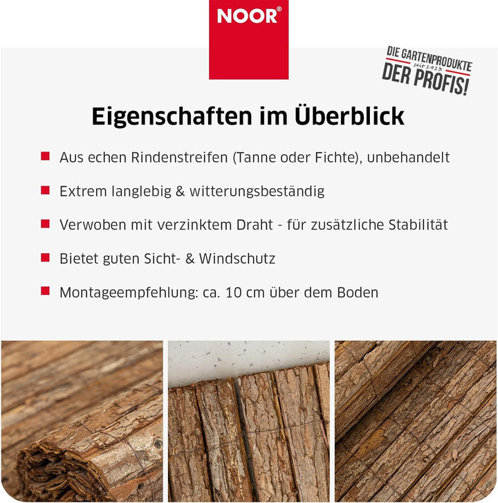 NOOR Rindenmatte Country Natur 2,00 x 3,00 m - Natürlicher Sichtschutz aus Baumrinde für Garten, Ter