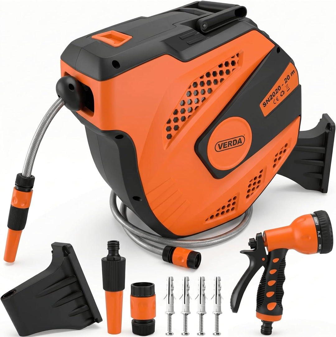 Schlauchtrommel & Wand-Schlauchbox 20M+2M – Hochwertiger 1/2-Zoll Automatik-Gartenschlauch mit 180°
