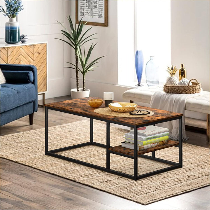 VOWNER Couchtisch, Wohnzimmertisch, Couchtisch mit Stahlgestell und Ablagen, Industrie-Design, Skand