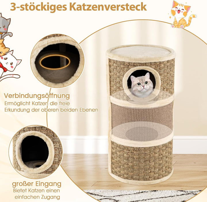 GOPLUS Kratztonne 3 Ebenen, 70 cm Katzentonne mit 3 Höhlen, Sisal-Kratzbrett, Plüschbett & Seetangse