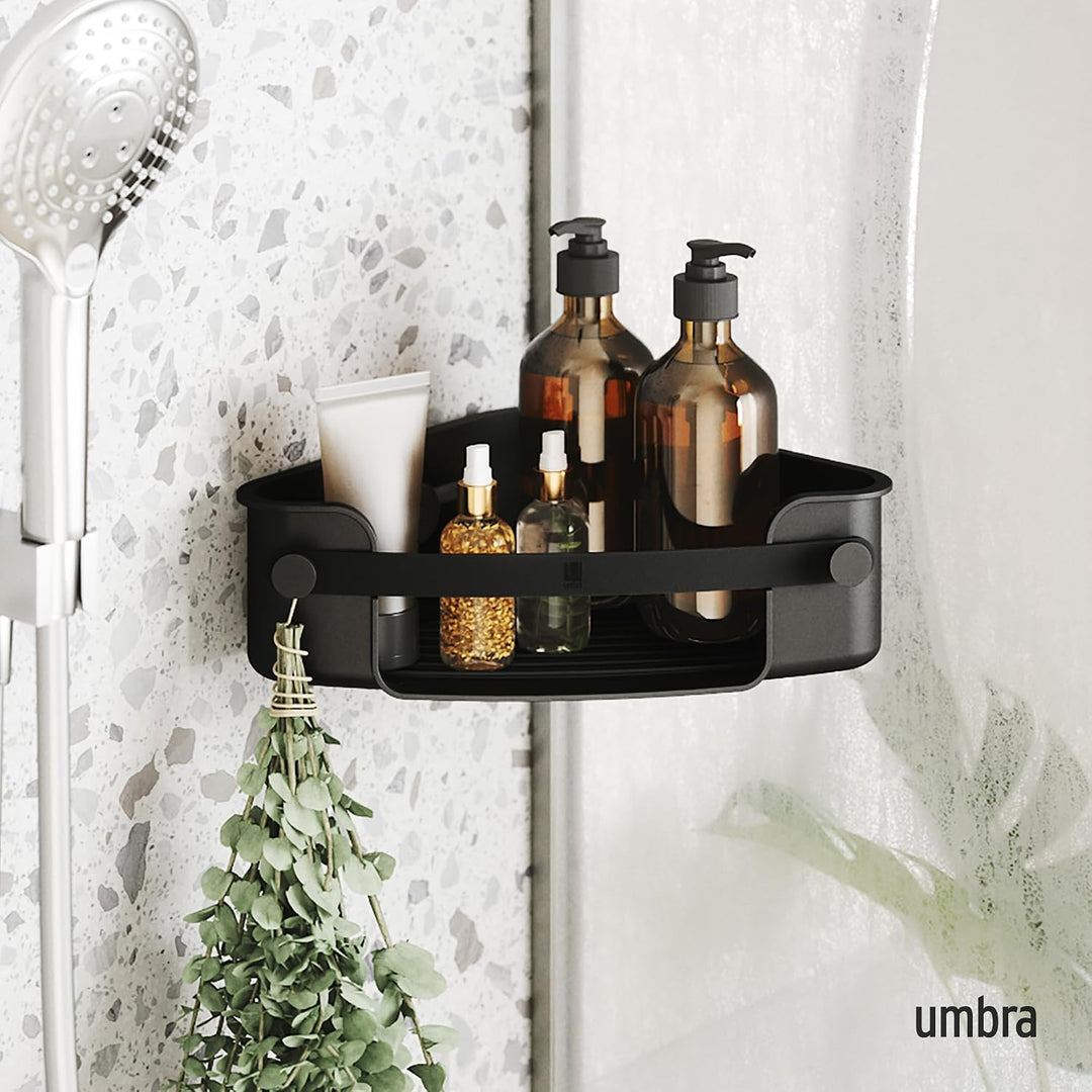 Umbra Flex Duschablage zum Kleben, ohne Bohren, Schwarz | Wasserfester Klebestreifen, integrierter A
