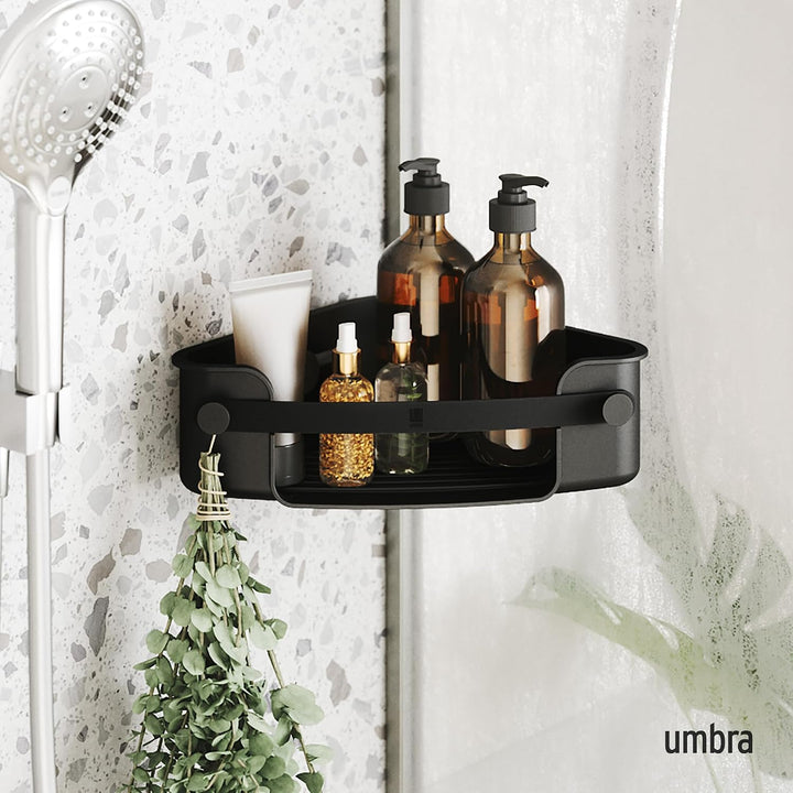 Umbra Flex Duschablage zum Kleben, ohne Bohren, Schwarz | Wasserfester Klebestreifen, integrierter A