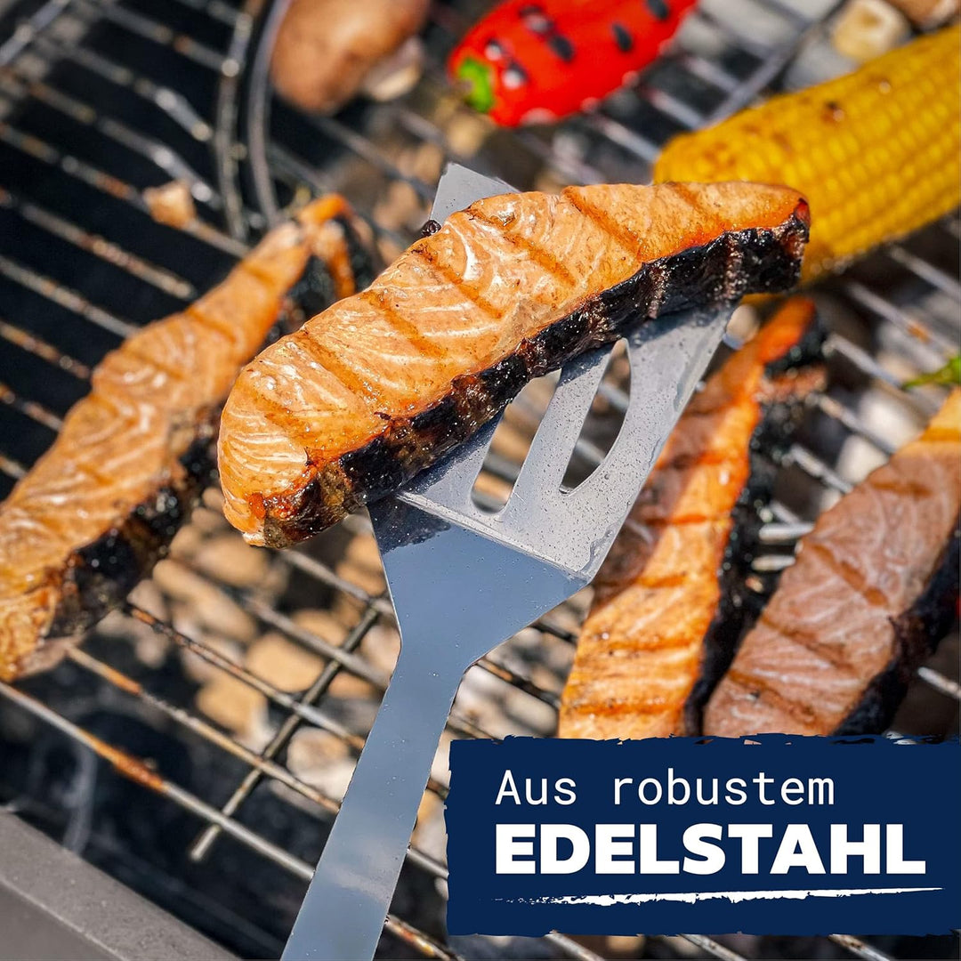 Praknu 𝗘𝘀𝘀𝗲𝗻𝘁𝗶𝗲𝗹𝗹𝗲𝘀 Grillbesteck Set aus Edelstahl - Hitzebeständig &amp; Rostfrei inkl. praktischer Tra