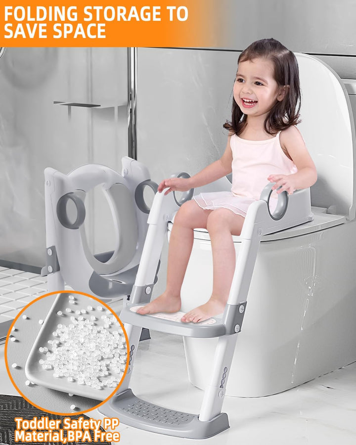 Toilettensitz Kinder mit Treppe, WC Sitz Kinder für Jungen und Mädchen, Höhenverstellbar und Klappba