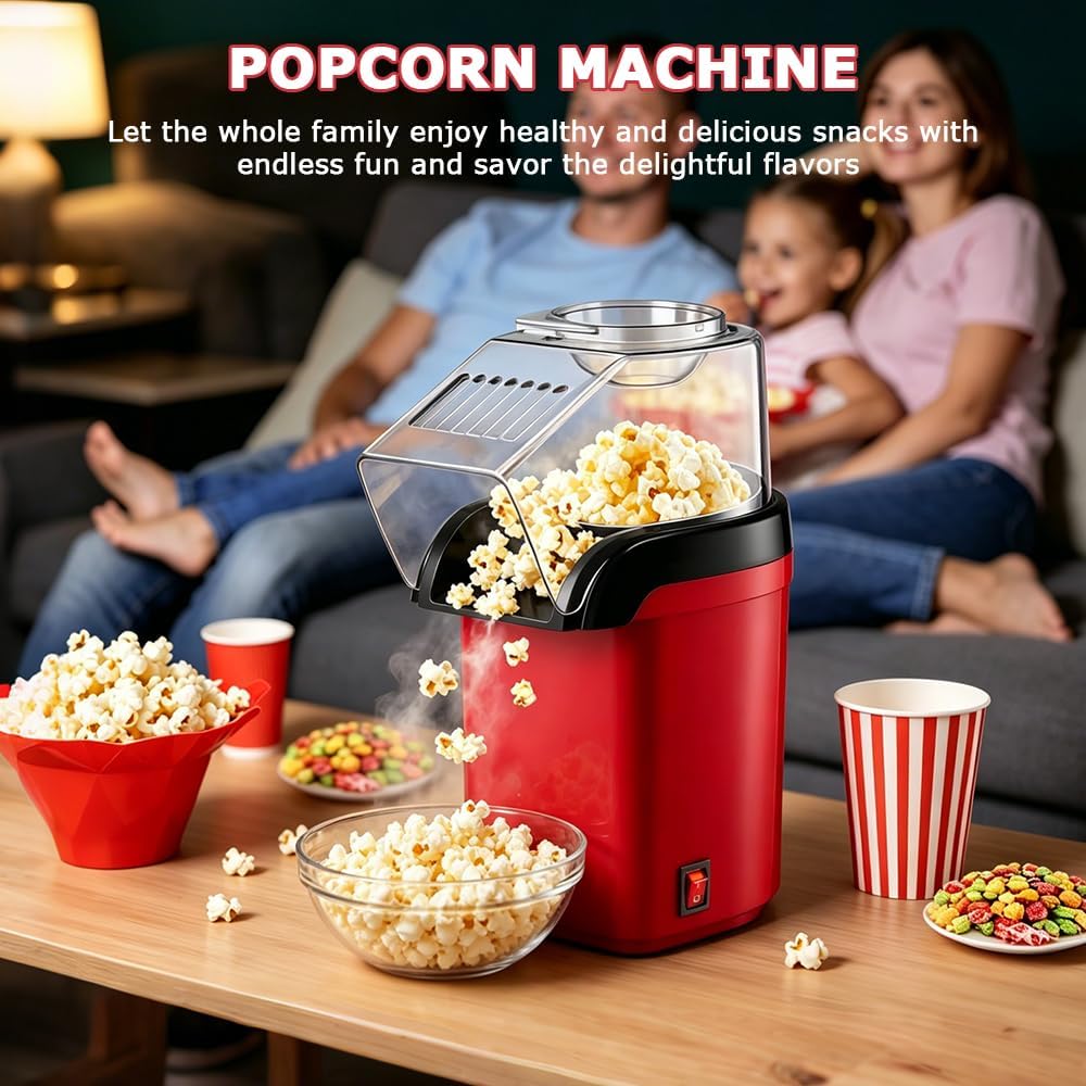 Popcornmaschine Heissluft, 1200w Mini Popcornmaschine mit Messbecher, Transparente Abdeckung Gesund&amp;