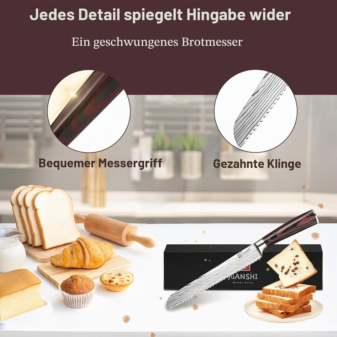 JUANSHI® Brotmesser mit Wellenschliff 20 cm, Asiatisches Küchenmesser aus Carbon-Edelstahl, Extrem S