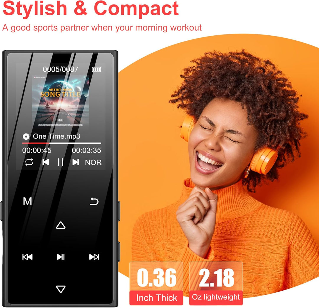 SWOFY 128GB MP3-Player Bluetooth 5.3, 1.8-Zoll-Screen & HiFi-Musik, mit Lautsprecher, FM-Radio, E-Bo