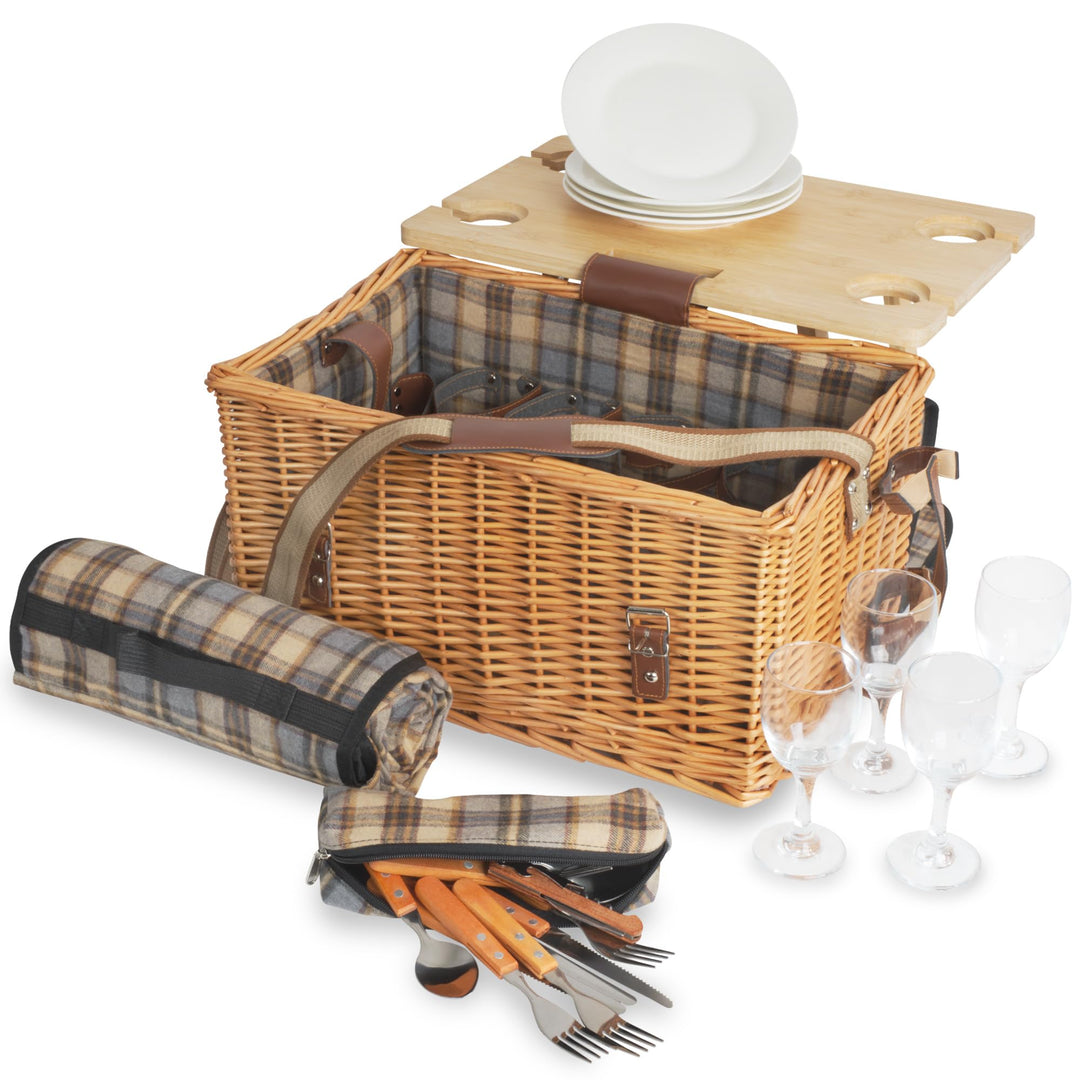 CampFeuer Picknickkorb 4 Personen mit Geschirr-Set und Serviertisch | 25-teilig | Picknickkoffer mit