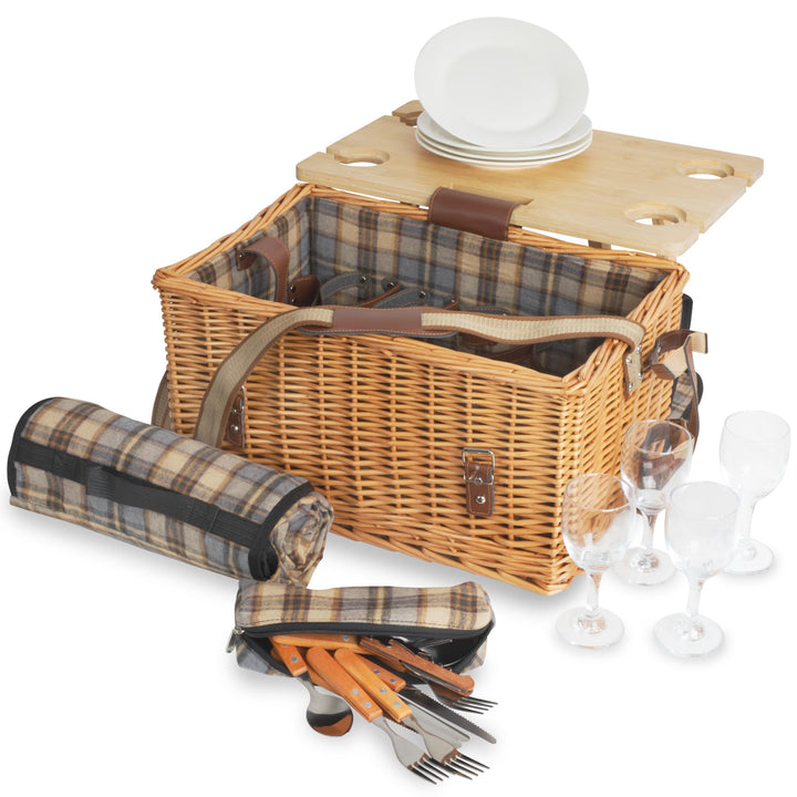 CampFeuer Picknickkorb 4 Personen mit Geschirr-Set und Serviertisch | 25-teilig | Picknickkoffer mit