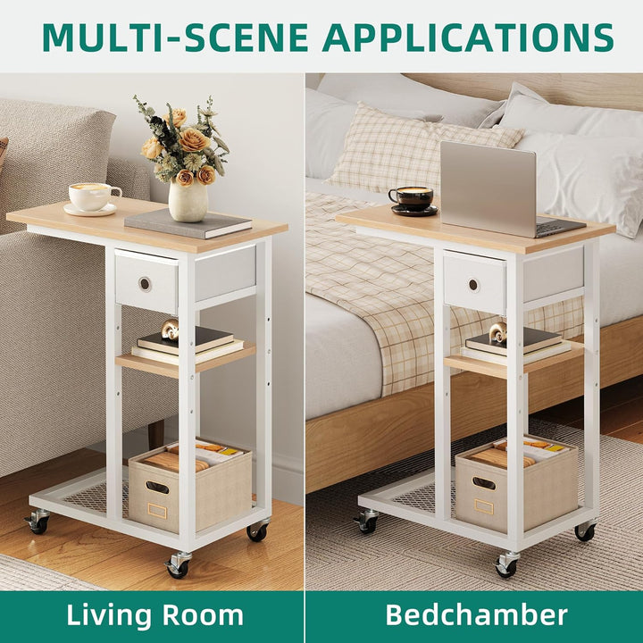 YITAHOME Beistelltisch, C-Form Sofatisch mit Rollen und Schublade，Wohnzimmertisch für Kaffee und Lap