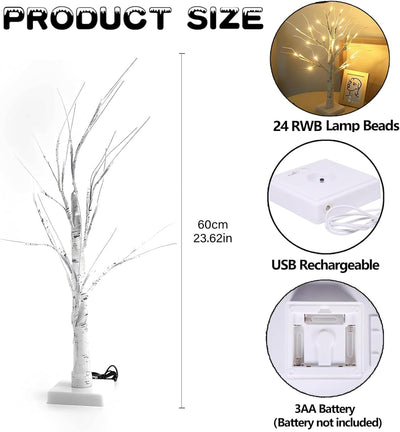 2er Set LED Baum Lichter Warmweiss, 60cm/2ft Birke LED Lichterbaum Innen mit 24 LEDs Licht, USB/Batt