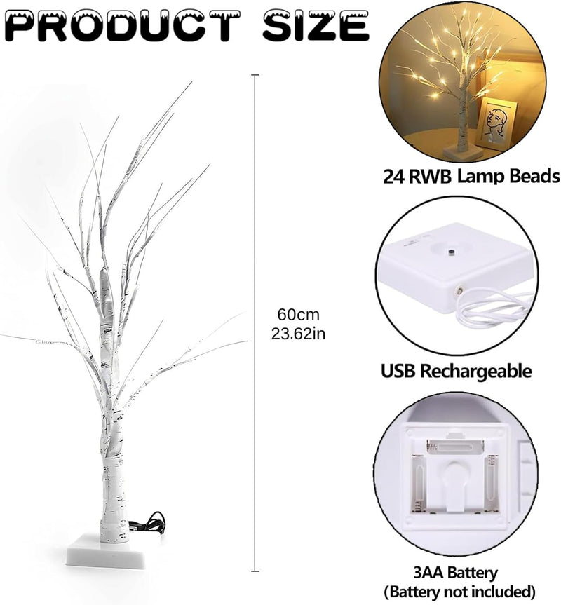 2er Set LED Baum Lichter Warmweiss, 60cm/2ft Birke LED Lichterbaum Innen mit 24 LEDs Licht, USB/Batt
