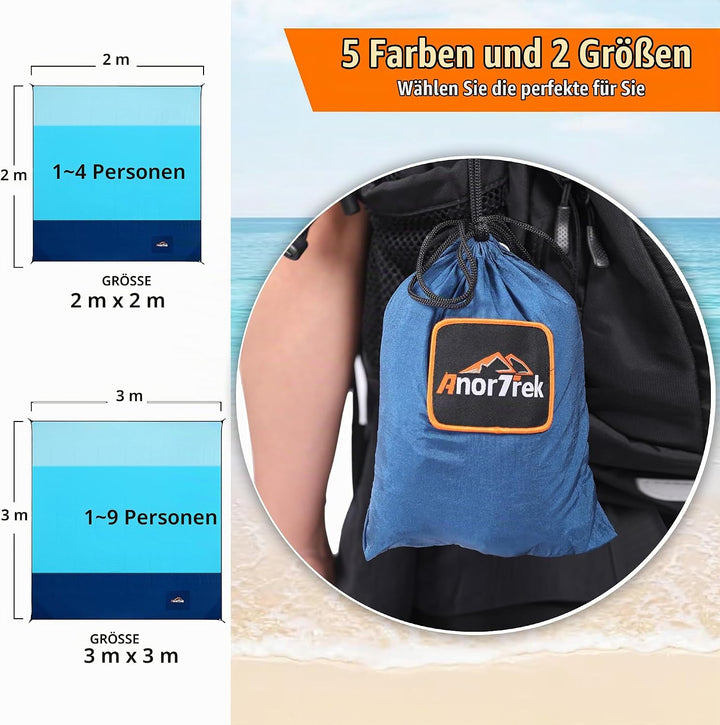 AnorTrek Sandfreie Stranddecke XL 200x200cm - Ultraleicht, Schnelltrocknend &amp; Spritzwassergeschützt,