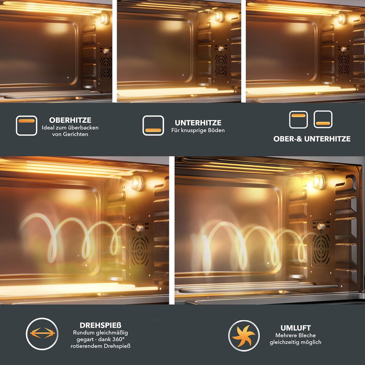 Heinrich´s Minibackofen mit Umluft 60L - Backofen klein mit Drehspiess, Airfryer-Einsatz inkl. Timer