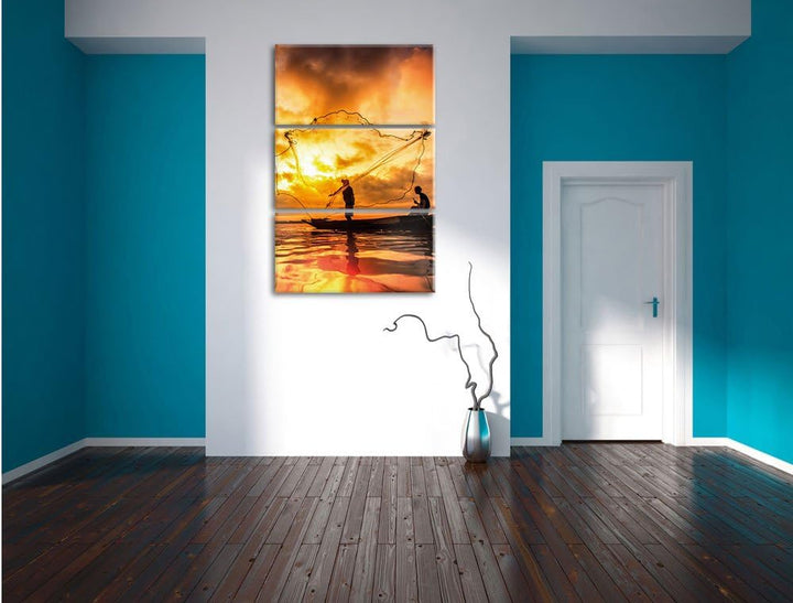 Pixxprint See mit Anglern als Leinwandbild/Grösse: 3 Teilig (120x80) cm/Wandbild/Kunstdruck/fertig b