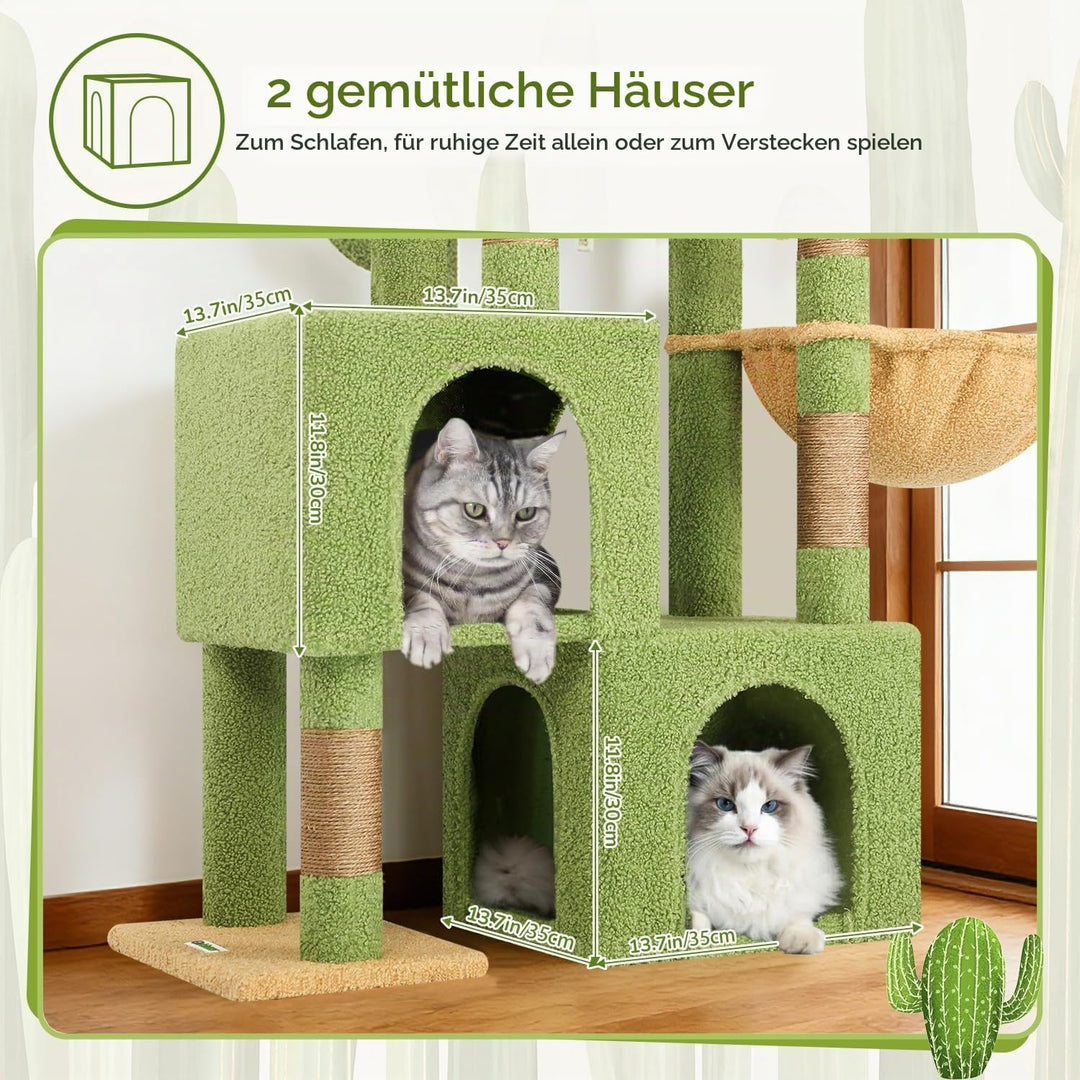 Globlazer Kratzbaum Kaktus Grün mit 2 Katzenhaus, Grosse Gepolsterte Plattform, Sitzstangen, Katzenk
