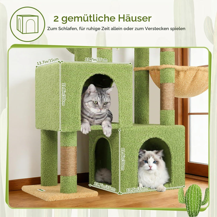 Globlazer Kratzbaum Kaktus Grün mit 2 Katzenhaus, Grosse Gepolsterte Plattform, Sitzstangen, Katzenk