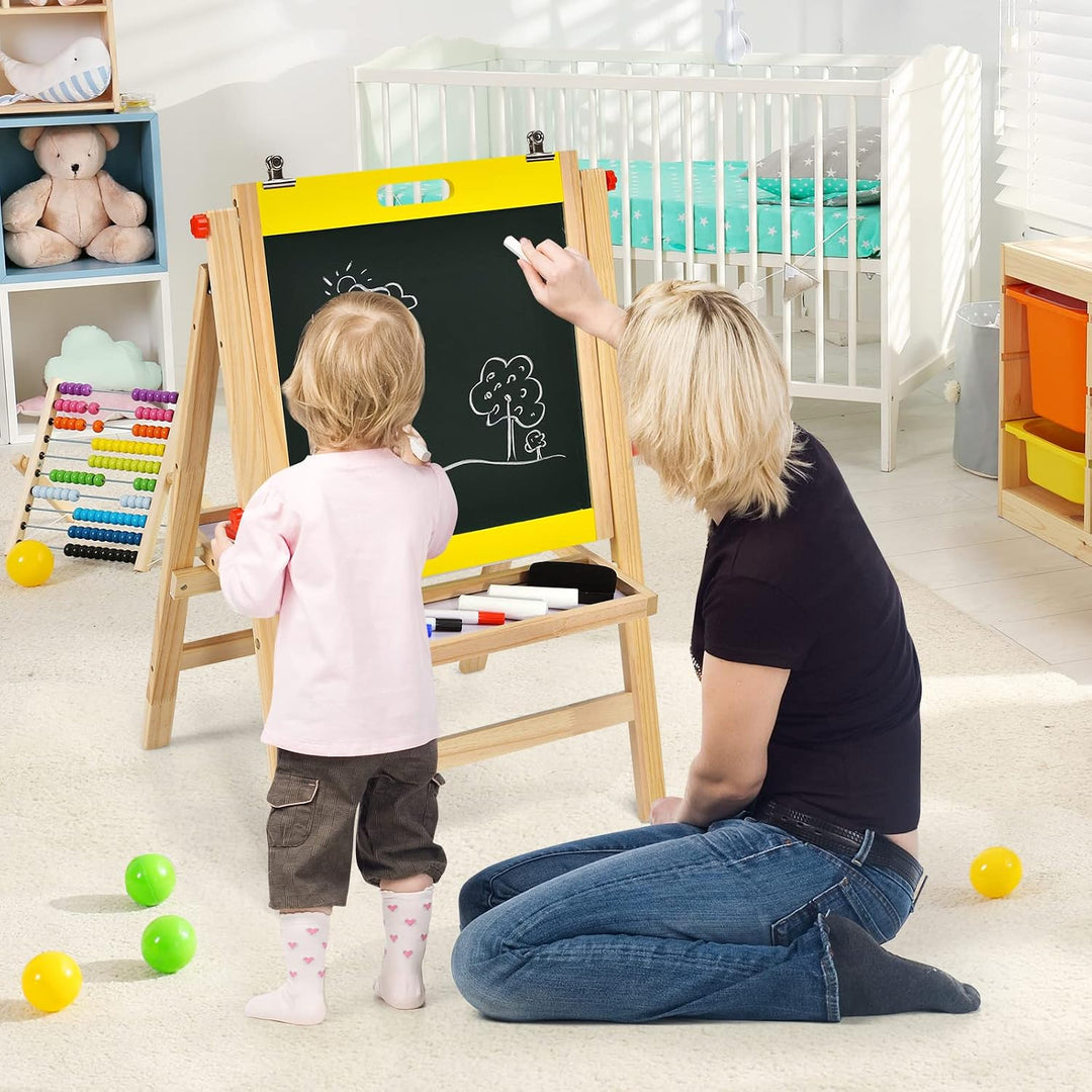 LIFEZEAL 2 in 1 Kindertafel, Höhenverstellbare Staffelei Kinder, Standtafel aus Holz, Abklappbare Ma
