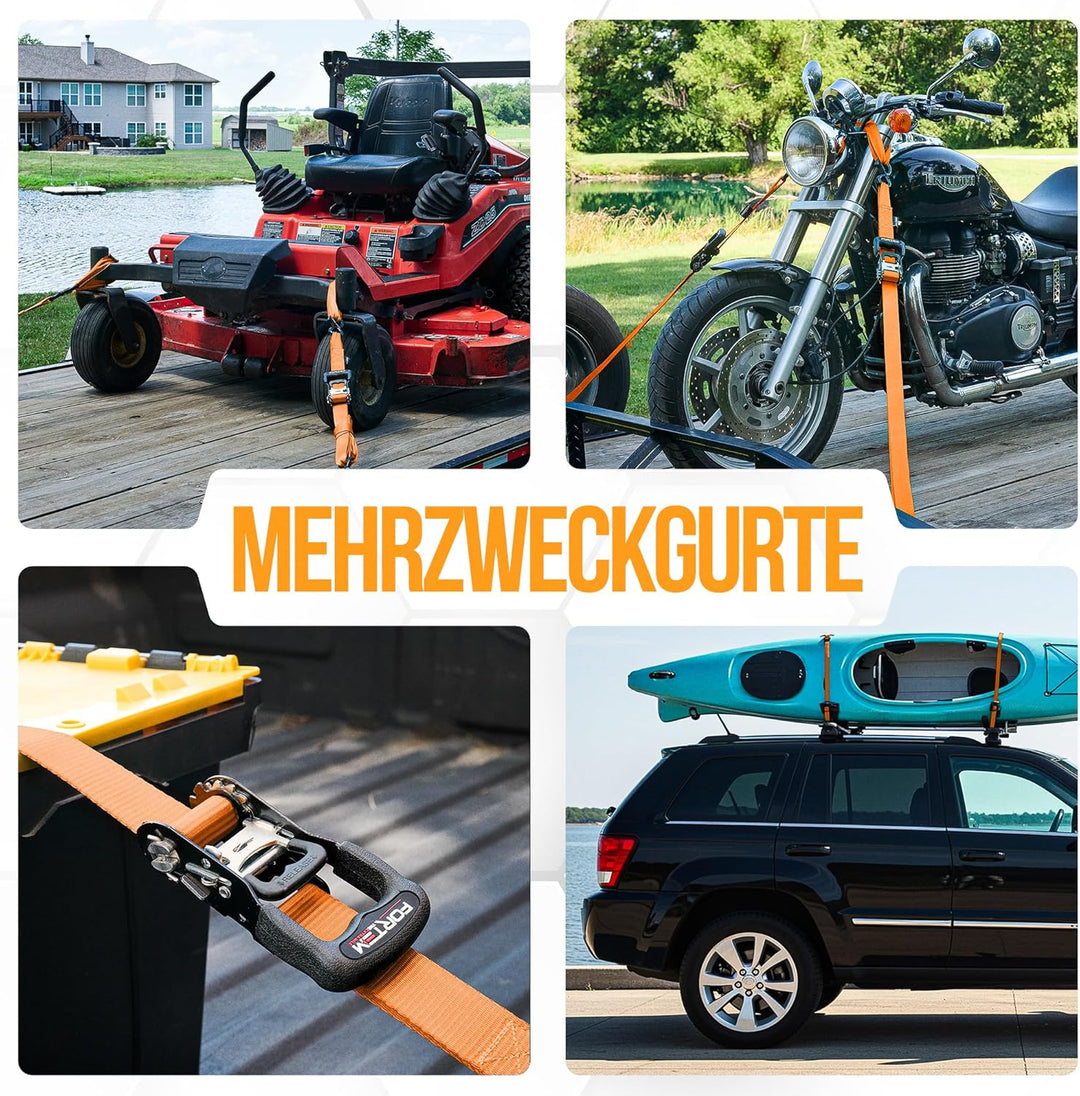 FORTEM Spanngurte mit Ratsche, 2362kg Bruchlast, 4X 3,04m Profi Gurte, 4X Weiche Schlaufen, Gummibes