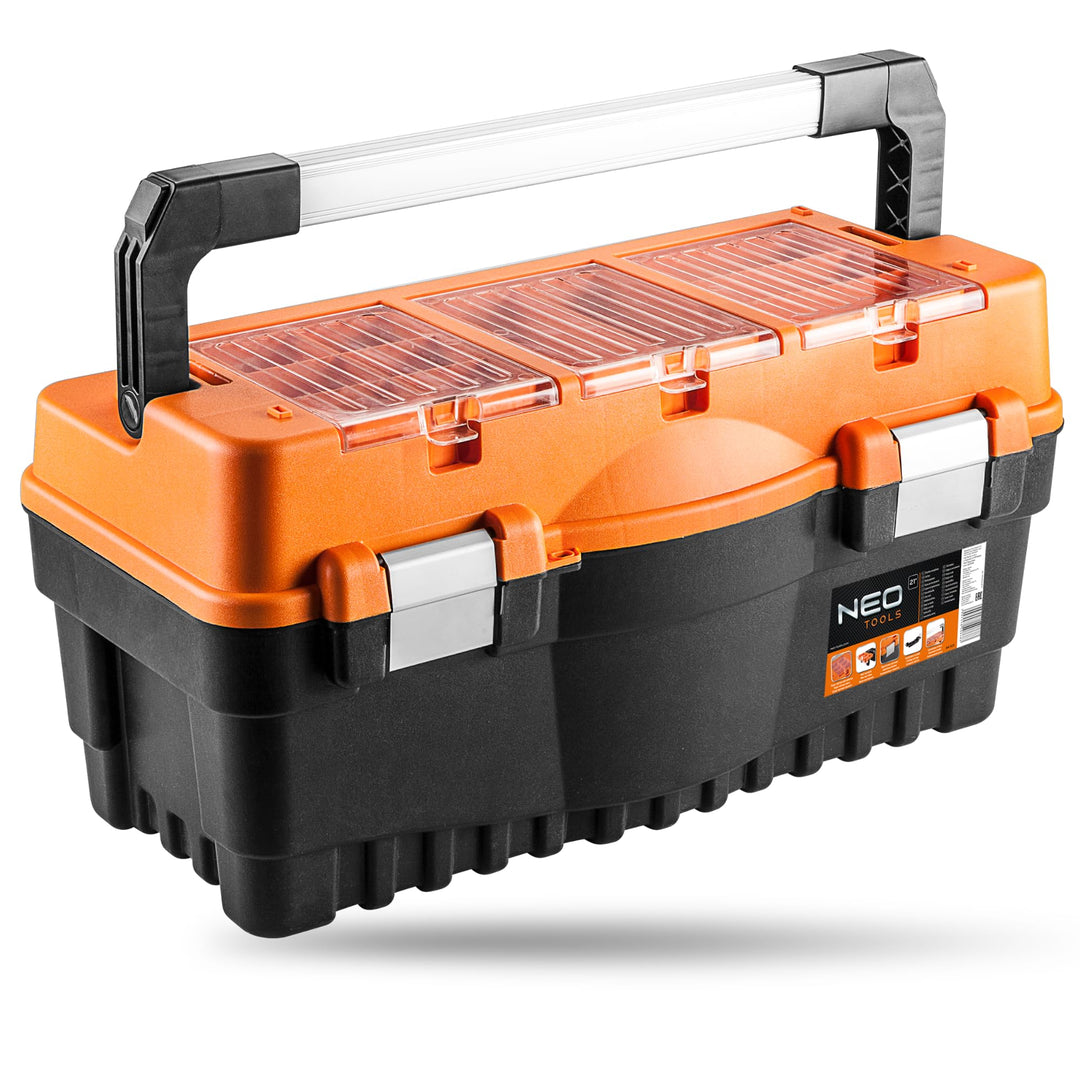 NEO TOOLS Profi Werkzeugkasten 21" (54.7 x 27.1 x 27.8cm) Organizer, Verschliessbare Fächer aus Poly