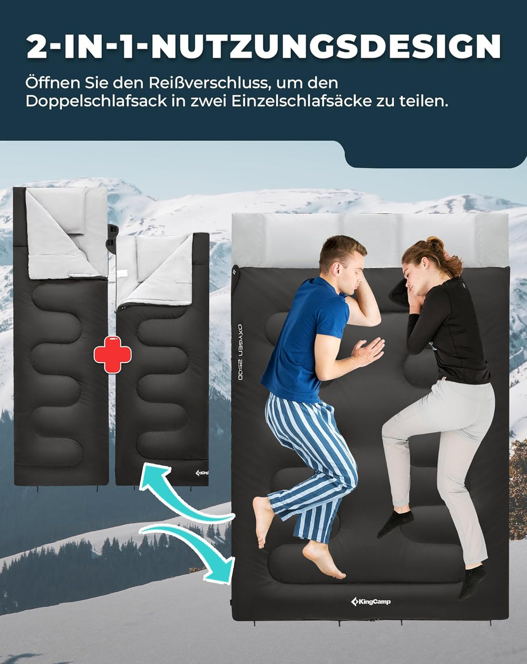 KingCamp Deckenschlafsack,Doppelschlafsack,220x150cm mit 2 Kissen,Schlafsack für 2 Personen,12℃ bis