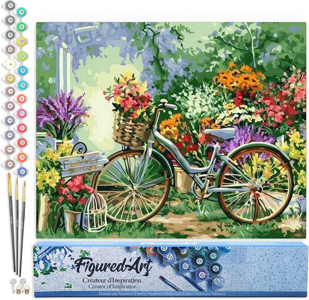 Figured'Art Malen Nach Zahlen Erwachsene Blumen und Fahrräder - Paint by Numbers Basteln DIY Bastels