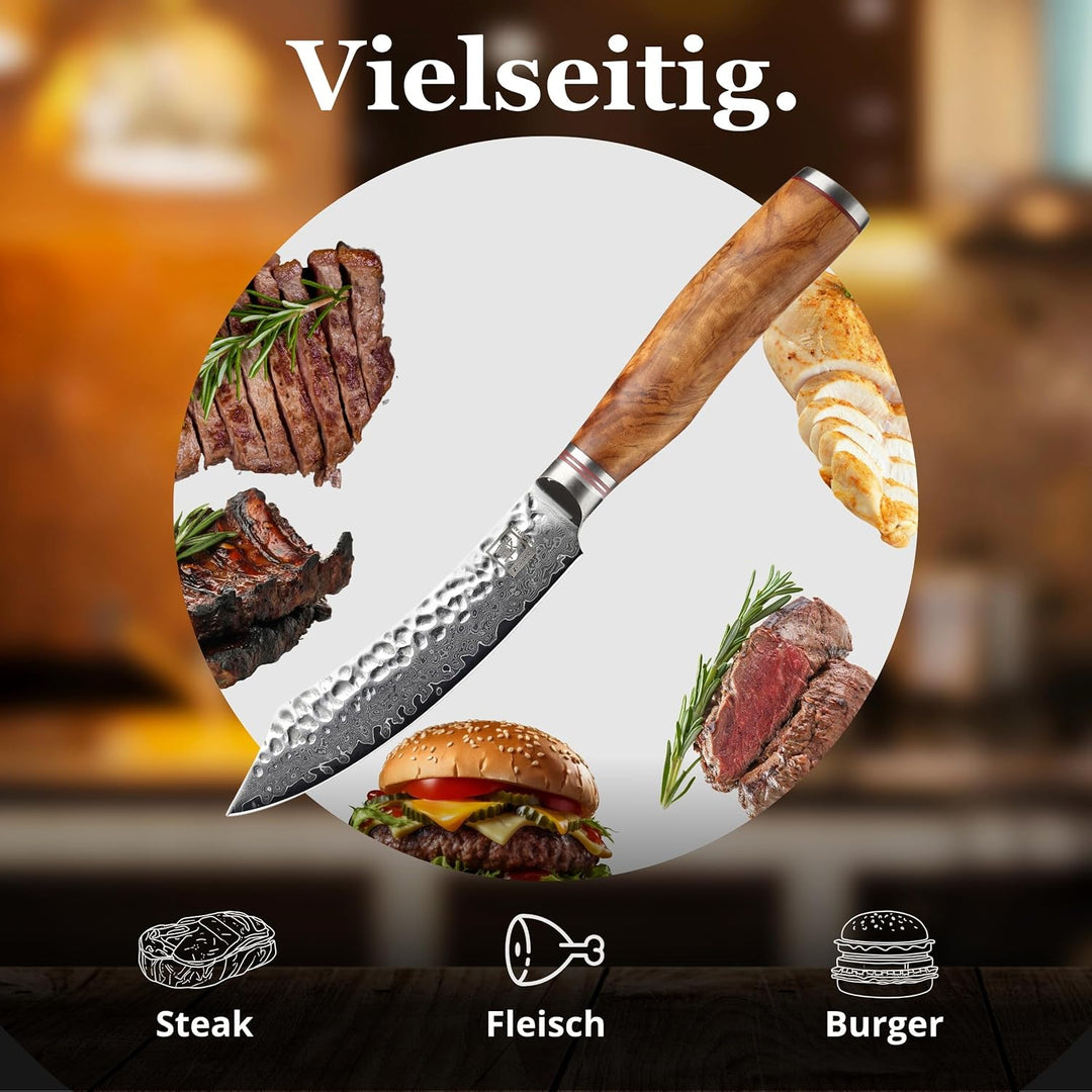 zayiko Minami Damast Steakmesser mit 12 cm Klinge aus 67 Lagen Damaststahl, VG10 Kern, Hammerschlag,