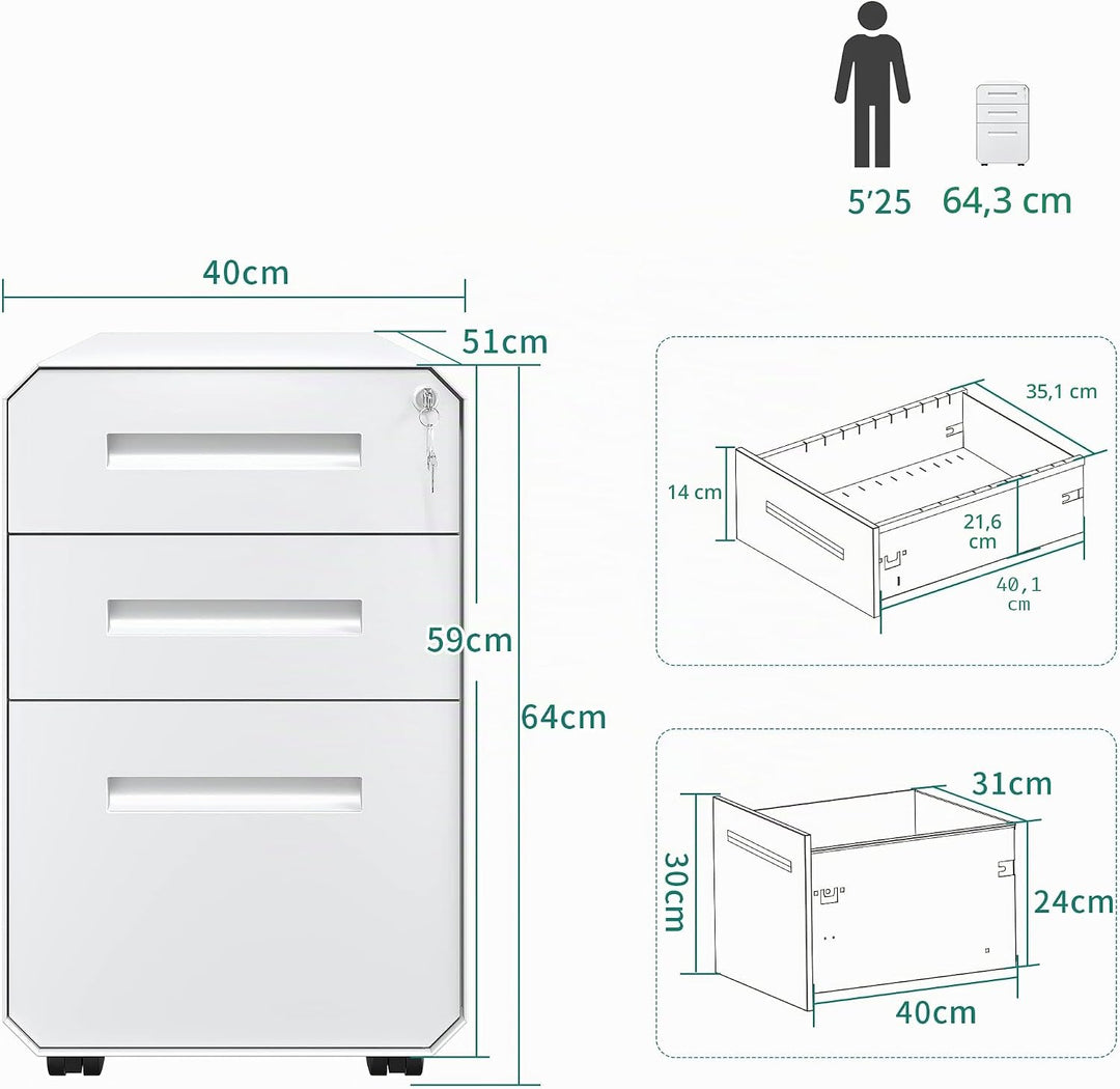 YITAHOME Metall Rollcontainer mit 3 Schubladen, Abschliessbar Aktenschrank für Legal, Letter, Mobile