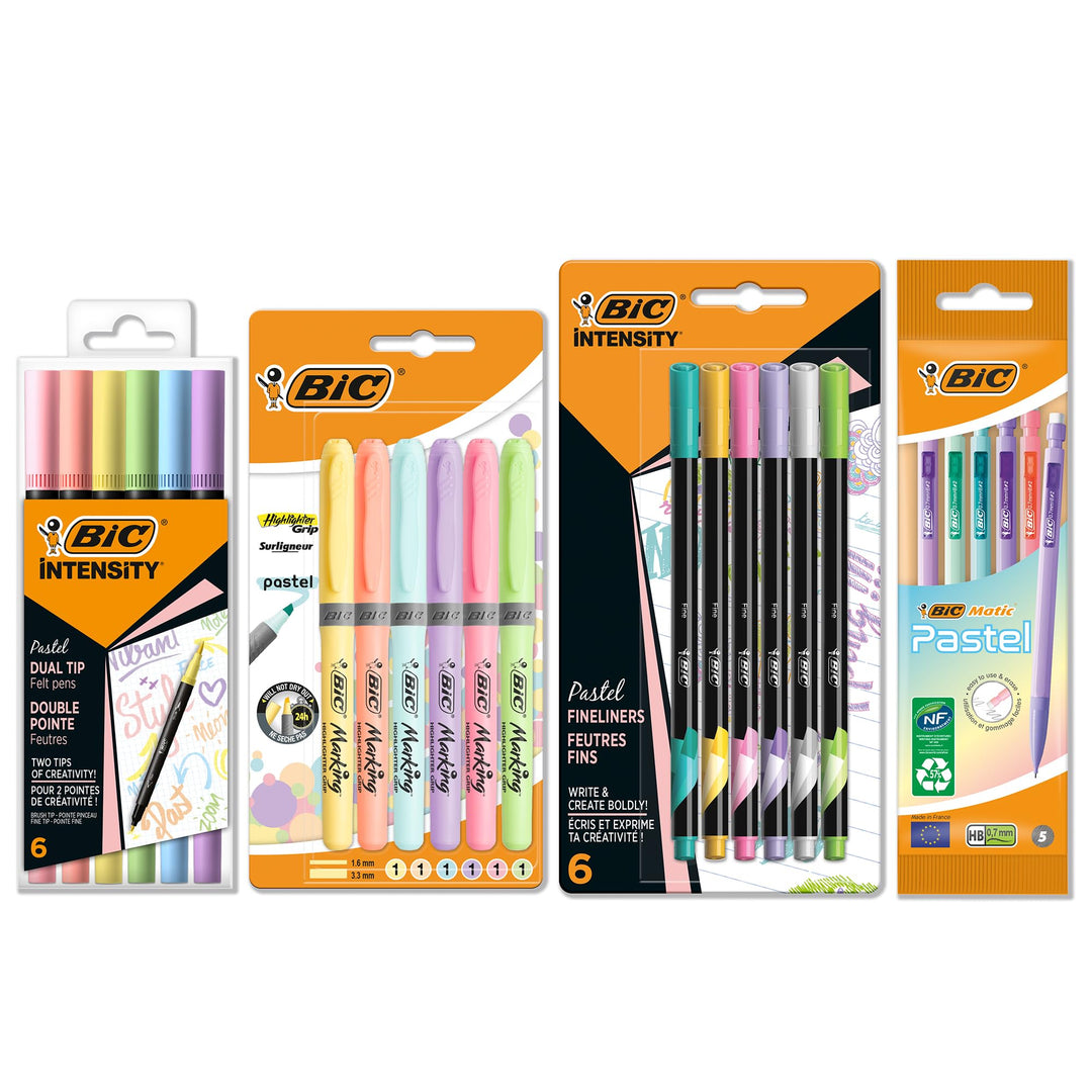 BIC Schreibwaren Set Pastell à 23: 6 Textmarker, 5 Fineliner, 6 Bleistifte, 6 Dual Tip Brush Pens, j