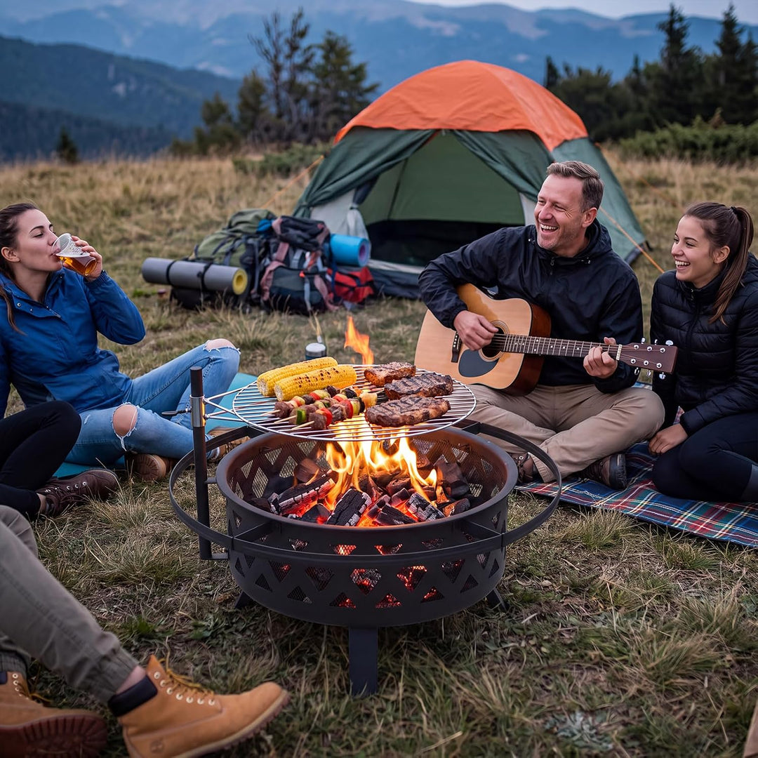 Aoxun Feuerschale mit Grill, 2-in-1 Feuerstelle Garten mit Funkenschutz und 360° Schwenkgrill, Outdo