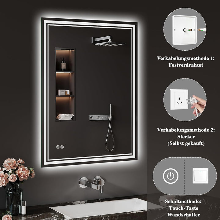 Badspiegel-mit-Beleuchtung 70x120cm - LED Badezimmerspiegel Badezimmer Spiegel mit Beleuchtung, Besc
